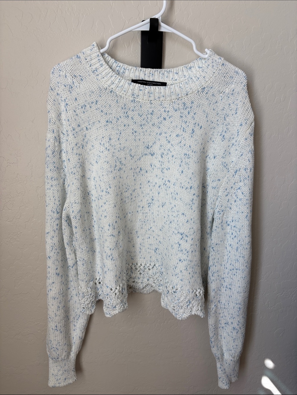 French Connection Pale Blue Speckled Crew Sweater with Open-Knit Hem
